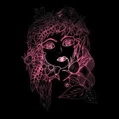 The face of a girl with psychedelic hair. Hand-Drawn Doodle