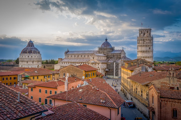 Fototapeta na wymiar Sunset aerial view of Pisa historic center with famous leaning tower and Duomo di Pisa cathedral. Toscana, Italy