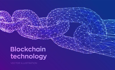 Block chain. Crypto currency. Blockchain concept. 3D Low polygonal chain consists of network connections. Concept of digital code. Editable cryptocurrency template. Vector illustration.