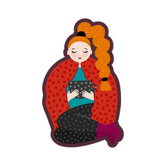 Girl in warm clothes spending autumn or winter weekend at home - drink tea. Hand drawn cute cartoon character. Freehand style. Relaxation and comfort. Card, poster, print on clothes. Vector, eps10