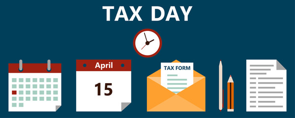 Vector illustration of the Tax Form, a pen and calendar. Tax form, a financial document for filing in flat style. Tax Day on April 15. Deadline for Federal income tax returns in the USA.