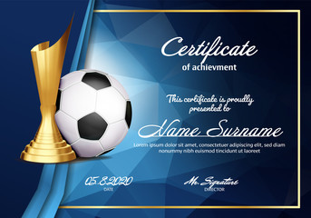 Soccer Certificate Diploma With Golden Cup Vector. Sport Graduate Champion. Best Prize. Winner Trophy. A4 Horizontal. Event Illustration © PikePicture