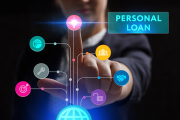 The concept of business, technology, the Internet and the network. A young entrepreneur working on a virtual screen of the future and sees the inscription: Personal loan