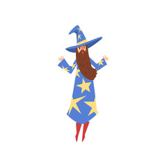 Male Sorcerer, Bearded Wizard Character Wearing Blue Mantle with Stars and Pointed Hat Vector Illustration