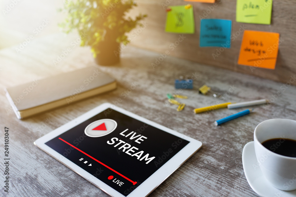 Poster live stream transmit or receive video and audio coverage over the internet. digital marketing and ad