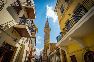 The minaret of Achmet Aga in Chania of Crete, Greece. The mosques in Crete are the remains of the Muslims Ottomans who used to live on the island for many years