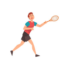 Obraz na płótnie Canvas Young Man Playing Tennis, Professional Sportsman Character Wearing Sports Uniform with Racket in His Hand Vector Illustration