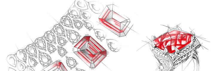 Jewelry theme. White background with hand-painted jewelery, necklace, necklace and ring with precious stones and red blots. Textural background for creativity and advertising. Advertising material © Artem