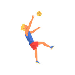 Fototapeta na wymiar Man Playing Volleyball, Professional Sportsman Character Wearing Sports Uniform Vector Illustration