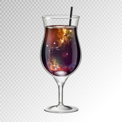 Vector illustration of realistic cocktail pina colada glass with space background inside