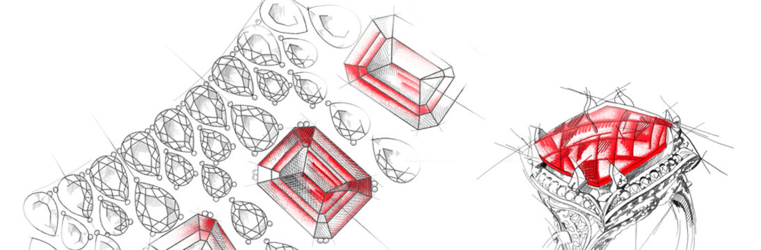 Jewelry theme. White background with hand-painted jewelery, necklace, necklace and ring with precious stones and red blots. Textural background for creativity and advertising. Advertising material