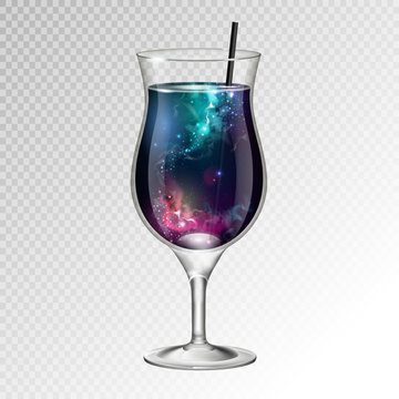 Vector illustration of realistic cocktail pina colada glass with space background inside