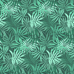 Naklejka na ściany i meble Elegant green seamless pattern with overlap mess of fern tropical leaves. Trendy exotic plants texture for textile, wrapping paper, surface, wallpaper, background