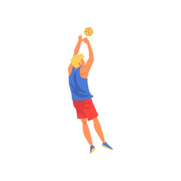 Male Volleyball Player, Professional Sportsman Character Wearing Sports Uniform Playing with Ball, Back View Vector Illustration
