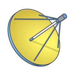 Outlined vector satellite dish, isometric perspective, white background. Blue yellow transmission aerial, telephone, television signals, TV receiver. Communication antenna sign, wireless technology