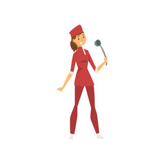 Smiling Woman Chef Cook Character Wearing Uniform Standing with Ladle Vector Illustration