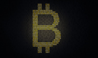 Bitcoin symbol. 3D Illustration of gold Bitcoin logo on the dark digital background with a stream of binary matrix code on the screen numbers of the computer matrix. The concept of coding.