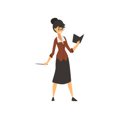 Woman School Teacher Character Standing with Book Vector Illustration