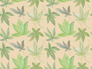 Fototapeta premium Green leaves seamless pattern on the pink background, handdrawn watercolor illustration