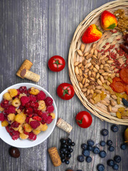 resveratrol rich food on wooden surface, antioxidants, decorated with wine corks