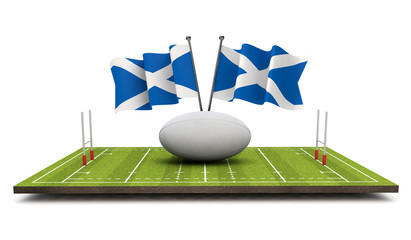 Scotland flags with a rugby ball and pitch. 3D Rendering