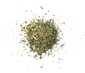 Dry green tea on white background.