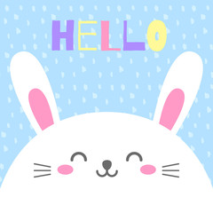 Funny cartoon card with hare. Happy character. Template for design, print. Vector background in doodle style. Cute rabbit