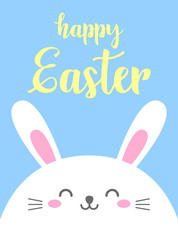 Funny cartoon card with hare. Happy Easter. Template for design, print. Vector background in doodle style. Cute rabbit