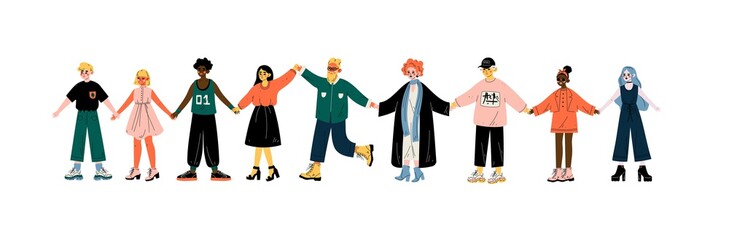 Multicultural People Standing in Row Together Holding Hands, Friendship, Tolerance Vector Illustration