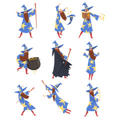 Male Sorcerer Practicing Wizardry Set, Wizard Character Wearing Blue Mantle with Stars and Pointed Hat Vector Illustration