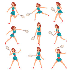 Young Woman Playing Tennis Set, Professional Sportswoman Character in Action Vector Illustration