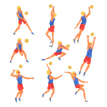 Male Volleyball Player Playing witn Ball Set, Professional Sportsman Character Wearing Sports Uniform Vector Illustration
