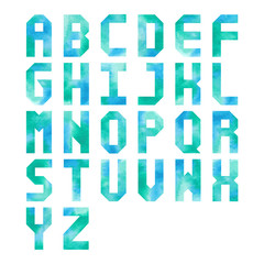 Blue and green watercolor alphabet on white background