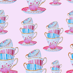 Watercolor hand drawn tea cups