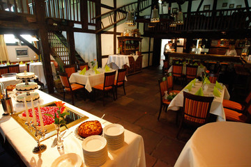 set tables in a rural restaurant farmhouse