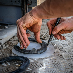 Farrier of blacksmith working on a horseshoe 