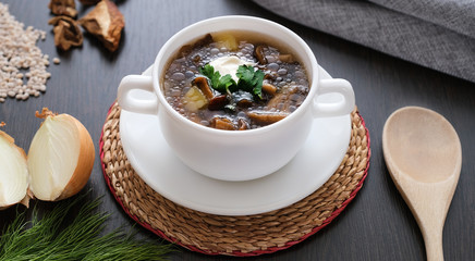 Traditional mushroom soup made from mushrooms. Wooden spoon, dill and onion on the table.