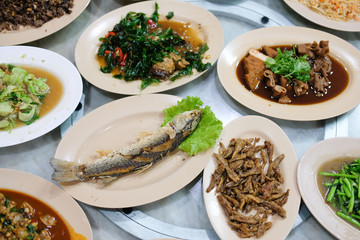 Many Thai food eat with Asian rice porridge or soft boiled rice
