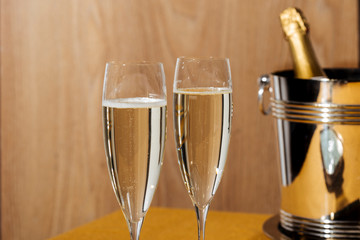 Flutes filled with sparkling Prosecco, in pop contemporary style. Prosecco is a white sparkling wine cultivated and produced in Valdobbiadene-Conegliano area.