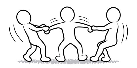 Schwarz-weiße Strichmännchen: Jemanden auf seine Seite ziehen / Mitarbeiter abwerben / Hin und her gerissen sein – Schraffierte Vektor-Zeichnung