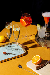 Prosecco glasses and prosecco cocktails: Tintoretto, Spritz Veneziano and Lemon Sherbed. Pop contemporary style