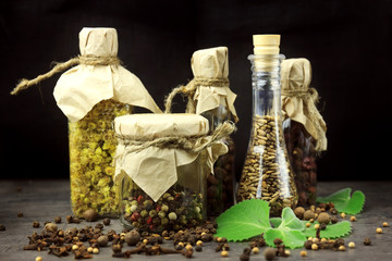 Alternative medicine. Store up medicinal herbs. Herbs on wooden table
