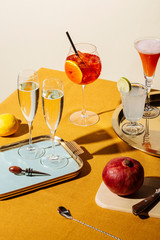 Prosecco glasses and prosecco cocktails: Tintoretto, Spritz Veneziano and Lemon Sherbed. Pop...