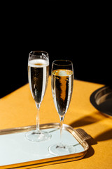 Flutes filled with sparkling Prosecco, in pop contemporary style. Prosecco is a white sparkling wine cultivated and produced in Valdobbiadene-Conegliano area.