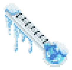 Fototapeta premium A thermometer frozen or freezing with snow and icicles in cold weather temperature icon graphic element in pixel art 8 bit arcade video game style 