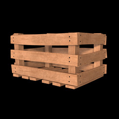 Wooden box for transportation and storage of products. Empty crate for fruits and vegetables. 3d render on black background.