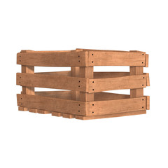 Wooden box for transportation and storage of products. Empty crate for fruits and vegetables. 3d render isolated on white background.