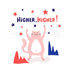 Cat character hand drawn vector lettering.  Vector illustration. For greeting card, poster, flyer.