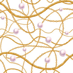 Golden chain glamour seamless pattern illustration. Watercolor texture with golden chains and white pearls.