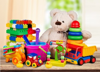 Toys collection isolated on light background